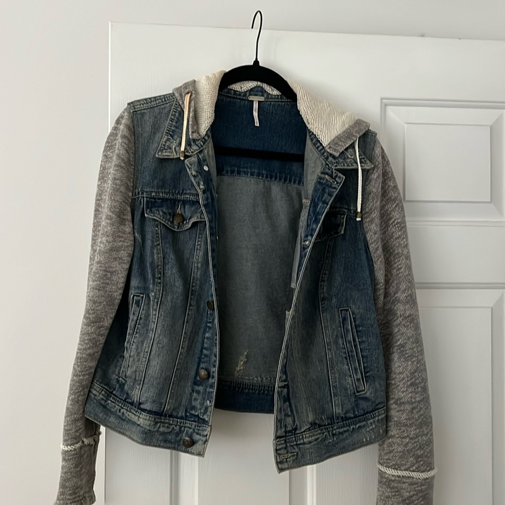 Free People - Size:Medium - Jean Jacket with Cotton Sleeves and Hood